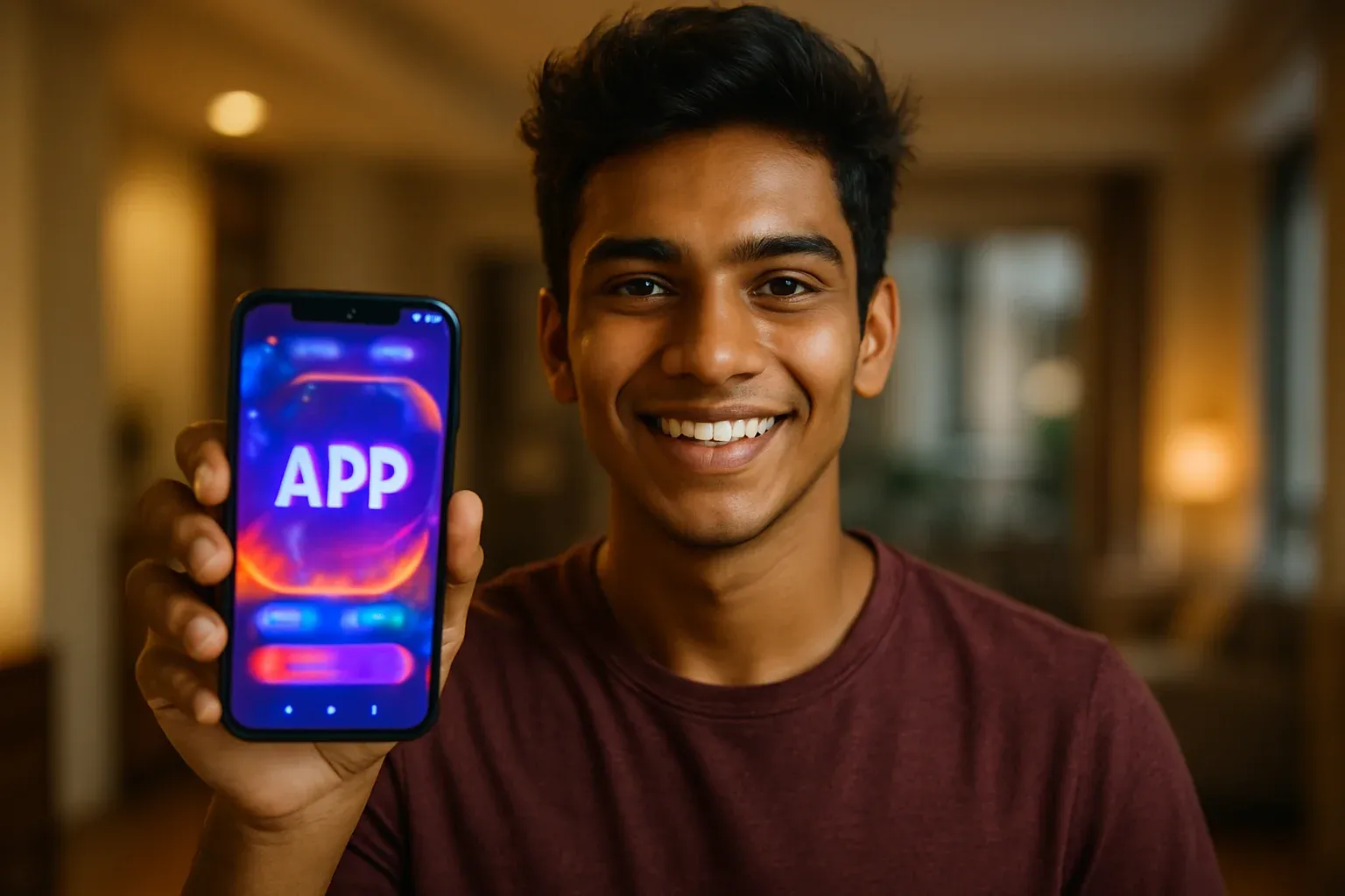Smiling Bangladeshi young man holding smartphone with glowing app screen