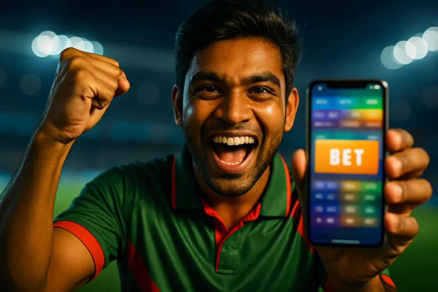 Excited Bangladeshi man cheering, holding smartphone with bold BET betting screen