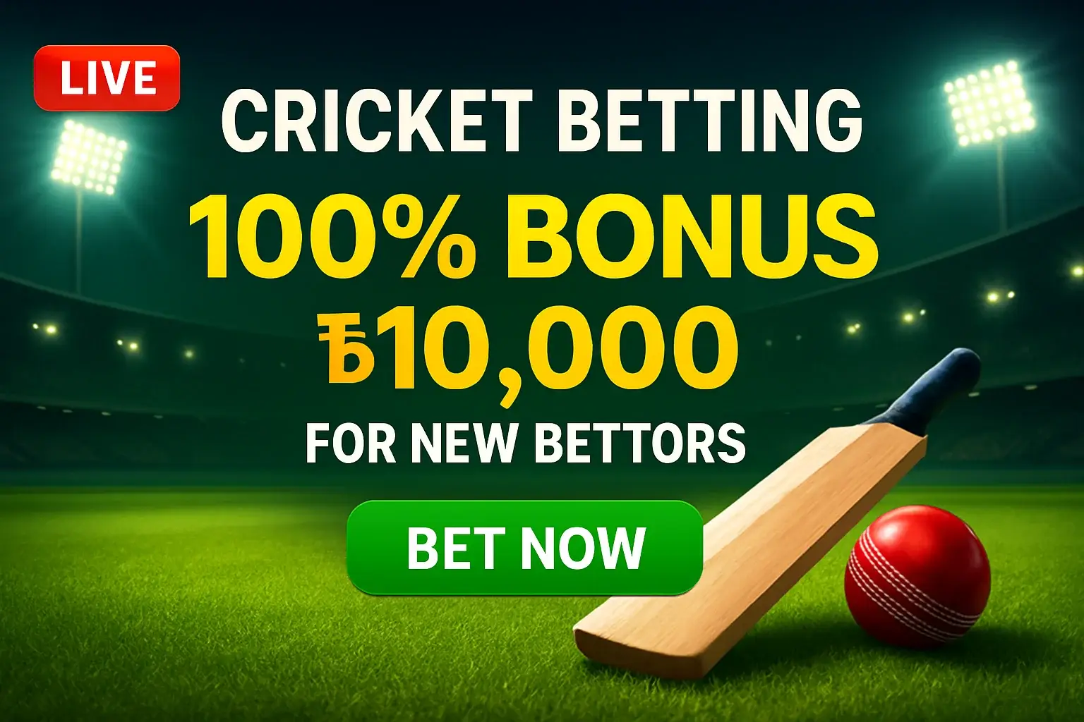 Cricket betting banner with 100% bonus in Bangladesh currency and CTA
