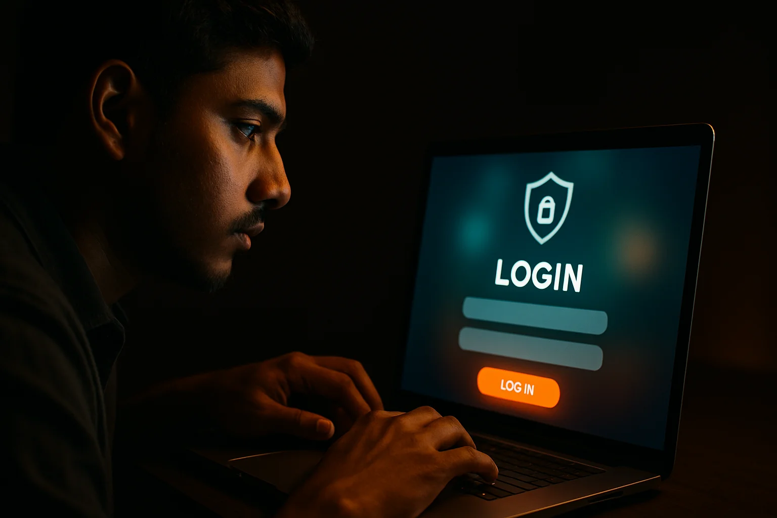 Young Bangladeshi man hands on laptop showing bold LOGIN sign-in form