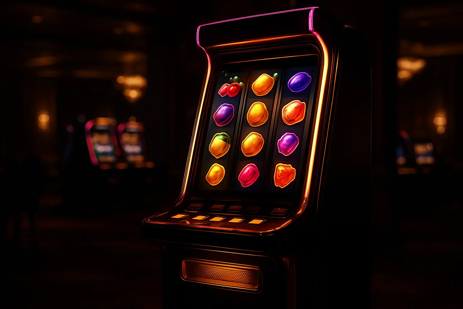 Hyperrealistic wide shot of premium slot machine in dark luxury casino